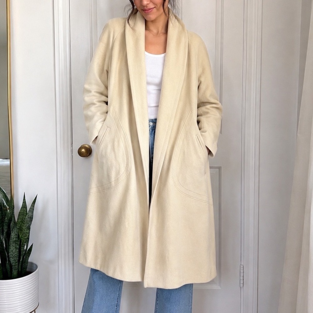 Vtg Wool Cashmere Blend cardigan Shawl Collar Wrap Coat Beige Mid Length 70s